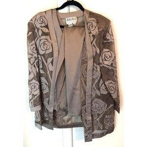 Magali Womens 3 Piece Skirt Suit Beige 100% Silk Floral Skirt Blouse Jacket 12